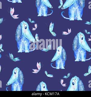 Nahtlose Textur mit Aquarell azure Welpen und Schmetterlinge auf Indigo Hintergrund für das neue Jahr 2018 Designs Stockfoto