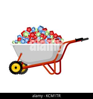 Schubkarren und Edelsteine. Schätze im Garten Trolley. Vector Illustration Stock Vektor