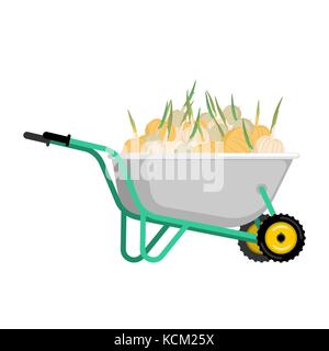 Schubkarren und Zwiebel. Gemüse im Garten Trolley. grosse Ernte Vector Illustration Stock Vektor