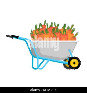 Schubkarre und Karotte. Gemüse im Garten Trolley. grosse Ernte Vector Illustration Stock Vektor