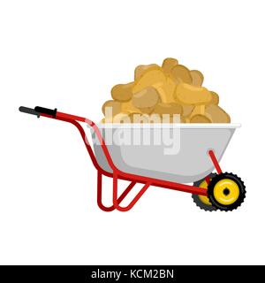 Schubkarren und Kartoffel. Gemüse im Garten Trolley. grosse Ernte Vector Illustration Stock Vektor