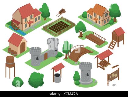 Mittelalterliches Haus Fliesen online strategische Android video game Insight. Entwicklung map-Element isometrische Flachbild mittelalterlichen Gebäuden und Mühle Vektor erkunden Stock Vektor