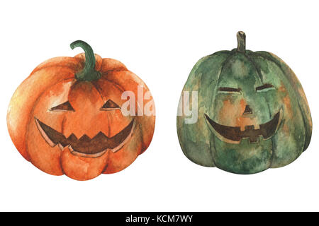 Zwei Kürbis von Aquarell auf weißen Hintergrund für Halloween Konzept isoliert. Stockfoto