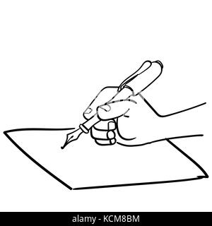 Cartoon hand Schreiben mit einem Stift in der Hand, Nahaufnahme einer Hand auf Papier - Hand gezeichnet Vector Illustration. Stock Vektor