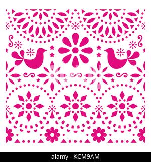 Mexikanischer Volkskunst vector Pattern mit Vögel und Blumen, Rosa fiesta Grußkarte Design durch traditionelle Kunstform Mexiko inspiriert Stock Vektor