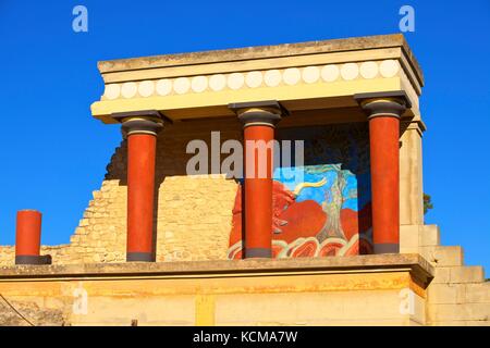 Charging Bull und Olivenbaum Fresco, der Minoische Palast von Knossos, Knossos, Heraklion, Kreta, Griechenland, Europa Stockfoto