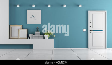 Blue home Eingang mit gepanzerten Tür und Regal mit Dekor Objekte - 3D-Rendering Stockfoto