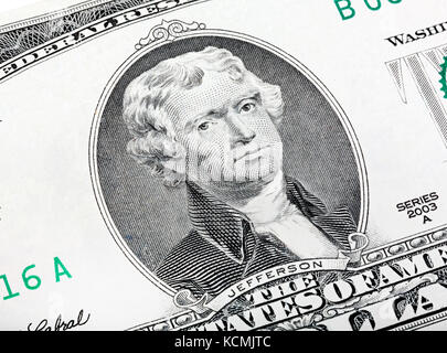 Thomas Jefferson. Qualitative Portrait von 2 Lucky Dollar Bill Stockfoto