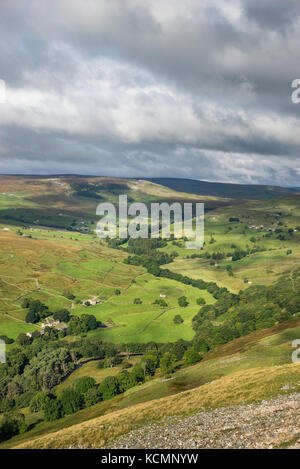 Wunderschöne grüne Landschaft an arkengarthdale in den Yorkshire Dales, England. aus fremington Edge gesehen. Stockfoto