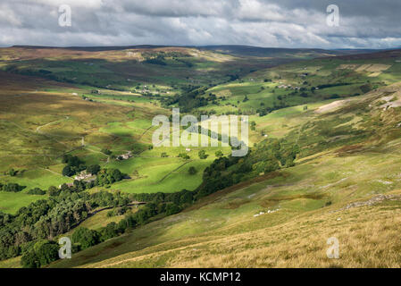 Wunderschöne grüne Landschaft an Arkengarthdale in den Yorkshire Dales, England. Von Fremington edge gesehen. Stockfoto