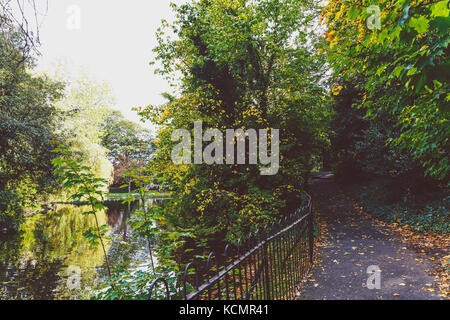 Dublin, Irland - 30. September 2017: Detail des St Stephen Green Park in der Nähe des Teiches, mit frühen Herbst Töne (nicht identifizierte Personen in der Ferne) Stockfoto