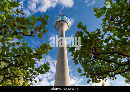 Low-Winkel auf den Rhein Tower in Düsseldorf gegen einen bewölkten Himmel und Bäume Stockfoto