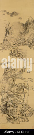 Dieses Landschaftsgemälde, das Bada Shanren zugeschrieben wird, ist im Stil von Wu Zhen entstanden, einem prominenten chinesischen Künstler aus der Yuan-Dynastie. Das Kunstwerk spiegelt traditionelle chinesische Tuschentechniken und Landschaftsästhetik wider. Stockfoto