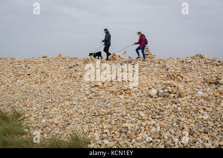 Ein paar der Hundebesitzer sorgfältig wählen Sie Ihren Weg über die Felsen und Steine auf die heilige Insel, am 27. September 2017, auf Lindisfarne Insel, Northumberland, England. Die heilige Insel von Lindisfarne, auch einfach als Holy Island genannt, ist eine Insel vor der Nordostküste Englands. Heilige Insel hat einen aufgezeichneten Geschichte aus dem 6. Jahrhundert AD; es war ein wichtiges Zentrum des Keltischen und Anglo-sächsischen Christentums. Nach der Viking Invasion und der normannischen Eroberung Englands, ein Priorat wurde wieder hergestellt. Stockfoto