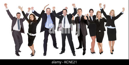 Große Gruppe von aufgeregt Geschäftsleute. Isoliert auf weiss Stockfoto