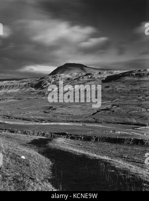 Blick ESE von Twisleton Narbe Ende über die Doe-Tal zu Ingleborough Hill, Yorks, England's höchste hillfort & Hochburg der Eisenzeit Briganten. Stockfoto