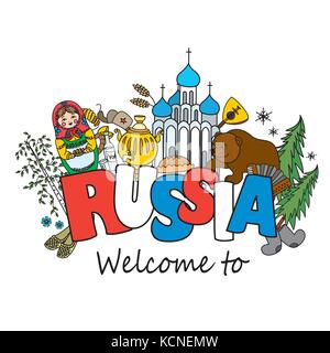 Willkommen in Russland. russische Symbole, Reisen, Russland, russische Traditionen. Vector Illustration. Stock Vektor