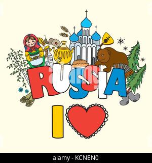 Ich liebe Russland. russische Symbole, Reisen, Russland, russische Traditionen. Vector Illustration. Stock Vektor