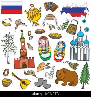 Russische Symbole, Reisen, Russland, russische Traditionen. Set aus bunten Flat Style Design Icons. Vector Illustration. Stock Vektor