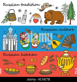 Russische Symbole, Reisen, Russland, russische Traditionen. Set aus bunten Flat Style Design Icons. Vector Illustration. Stock Vektor