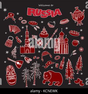 Russische Symbole, Reisen, Russland, russische Traditionen. Satz von flachem Design Symbole auf schwarzem Hintergrund. Vector Illustration. Stock Vektor