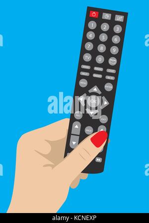 Vektor flach. Hand mit Fernbedienung TV-Steuerung Stock Vektor