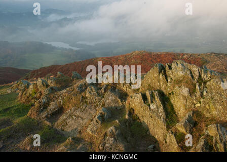 Am frühen Morgen Licht über Loughrigg, Blick auf Elterwater, niedrige Wolken, Lake District National Park, Großbritannien Stockfoto