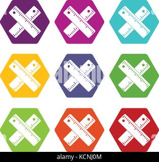 Zwei gekreuzte Herrscher Icon Set Farbe hexaeder Stock Vektor