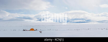 Snowmobilers campen unter den McKenzie Mountains mit Blick auf ein hohes Tundra Plateau mitten im Winterschlaf nahe der Dechenla Lodge entlang des Canol Heritage Trail, North West Territories, Kanada Stockfoto