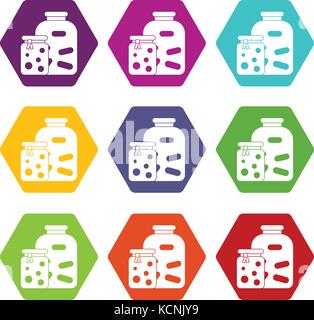 Gläser mit eingelegtem Gemüse und Marmelade Icon Set Farbe hexaeder Stock Vektor