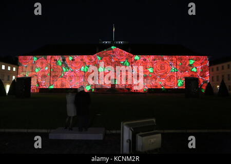 Berlin, Deutschland. Oktober 2017. Eröffnung der Projektion des Sonderpreises "Demokratie" beim Festival of Lights 2017 mit Frank-Walter Steinmeier im Schloss Bellevue in Berlin. Quelle: Simone Kuhlmey/Pacific Press/Alamy Live News Stockfoto