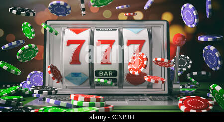 Online gambling Konzept. slot Maschine auf einem Laptop- und Flying poker chips. 3D-Darstellung Stockfoto