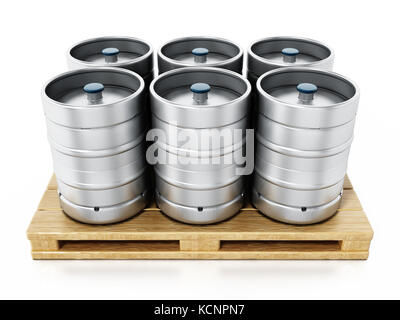 Stapel von Metall Bierfässer auf Holz für Paletten. 3D-Darstellung. Stockfoto