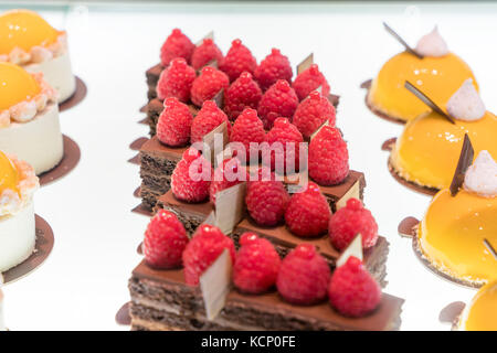 Reihe von Mousse au chocolat Brownies mit Himbeeren im Regal in der Bäckerei. Stockfoto