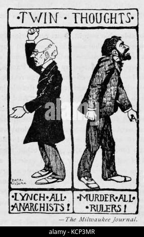 Ein politischer Zeichentrick aus dem Jahr 1901, der Themen der Anarchie und sozialen Unruhen während des frühen 20. Jahrhunderts darstellt und das politische Klima dieser Zeit erfasst. Stockfoto