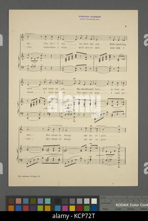 Das Notenblatt aus dem Jahr 1894 enthält den Song her Memory Brings Me No Regret, der von Reginald de Koven komponiert und von G. Schirmer veröffentlicht wurde. Es ist ein romantisches, melancholisches Stück, das Themen der Liebe und des Verlustes reflektiert und in der Sammlung der New York Public Library aufbewahrt wird. Stockfoto