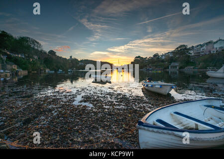 Boote auf dem Fluss Yealm South Devon. Noss Mayo auf dem linken Ufer und Newton Ferrers auf dem rechten Ufer. Stockfoto