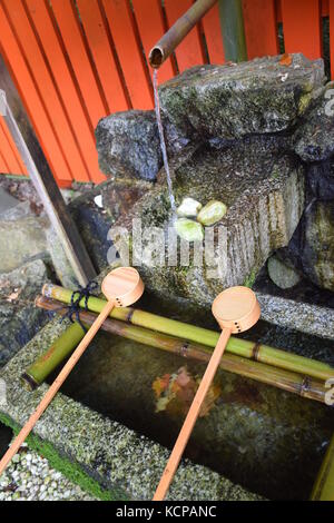 Japanische Brunnen und Bambus Schöpfkellen zum Waschen der Hände am Eingang des shimogamo Schrein In Kyoto verwendet Stockfoto