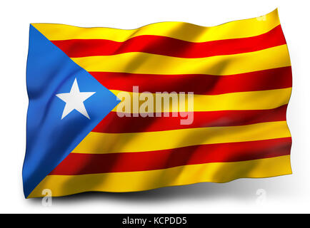 Estelada Flagge von Katalonien winkt im Wind, isoliert auf weißem Hintergrund - 3D-Illustration Stockfoto