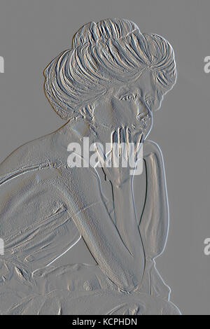 Teil der Schmuck der Frau mit Kinn in die Hände und die Ellenbogen auf die Knie - geprägter Wirkung in Silber Stockfoto