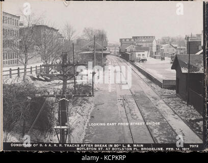 Vertrieb, Service Rohrleitungen, Zustand der Boston & Albany Railroad Tracks nach Einbruch in 30 Zoll Main, Boylston Street an Boylston Platz, Blick nach Osten von der Washington Street Bridge, Brookline, Messe 0090 Stockfoto