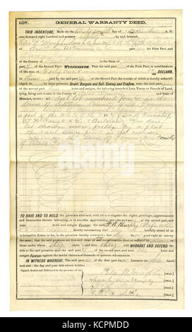 Allgemeine Garantie Urkunde unterzeichnet Peter W. Murphy, Sarah A. Murphy, W.M. Vereinbaren, und Hattie A., St. Francois County, 27. Dezember 1880 Stockfoto