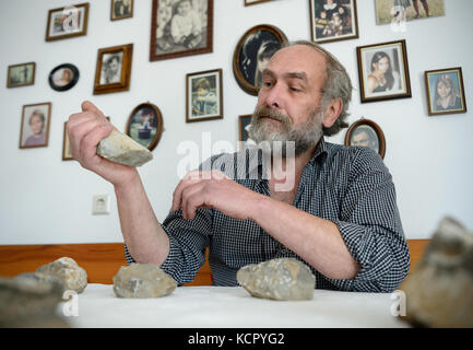 Ostelsheim, Deutschland. Oktober 2017. Josef Strzempek, Amateurarchäologe und Mitarbeiter des Heimatmuseums Gechingen, zeigt seine archäologischen Funde in Ostelsheim, Deutschland, 06. Oktober 2017. Strzempek fand Ende September auf einem Feld im benachbarten Althengstett Steinwerkzeuge. Die Steinwerkzeuge deuten darauf hin, dass der Mann des „Steinheimer Schädels“ (Homo heidelbergensis) vor 250.000 bis 300.000 Jahren die Kanten des Schwarzwaldes durchstreifte. Quelle: Sina Schuldt/dpa/Alamy Live News Stockfoto