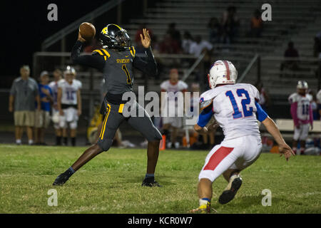 Florida, USA. 6. Okt 2017. LOREN ELLIOTT | Zeiten. Lakewood Quarterback Greg Spann II wirft für einen ersten Abstieg als Pinellas Park linebacker Christian Syms drücke ihn während der ersten Hälfte des Spiels zwischen Pinellas Park und Lakewood bei Lakewood hoch in St. Petersburg, Fla., auf Freitag, Oktober 6, 2017. Credit: Loren Elliott/Tampa Bay Zeiten/ZUMA Draht/Alamy leben Nachrichten Stockfoto