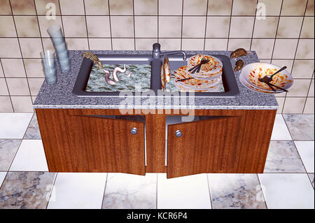 Dirty Kitchen Sink von oben mit ungewaschenen Geschirr und Ratten, 3D-Rendering Stockfoto