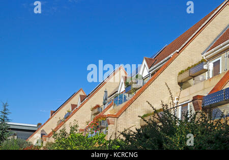 Modernes Gehäuse Entwicklung und Architektur von der Riverside Walk und den Fluss Wensum in Norwich, Norfolk, England, Vereinigtes Königreich. Stockfoto