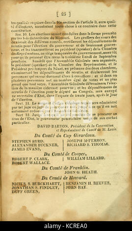 Verfassung de L'Etat du Missouri. 1820. S. 23. Übersetzt von F.M. Guyol, gedruckt von Joseph Charless Stockfoto