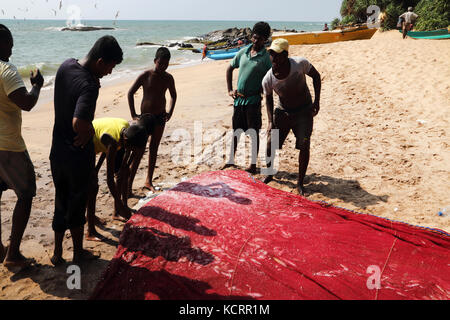 Fischer mit Fisch im Netz am Strand Westküste westliche Provinz Sri Lanka Stockfoto