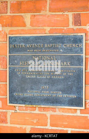 Markierung, die angibt, Benennung der National Historic Landmark in der Dexter Avenue Baptist Church in Montgomery, Alabama, USA. Stockfoto