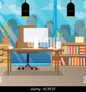 Design moderner Büro mit grossen Fenster, Desktop, Monitor, moderne Möbel im Inneren. Vector Illustration Cartoon. Stock Vektor